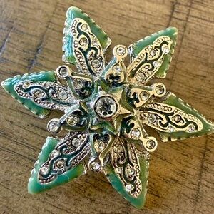 Vintage 1980s Monet Green Enamel & Rhinestone Snowflake Flower Pin Brooch